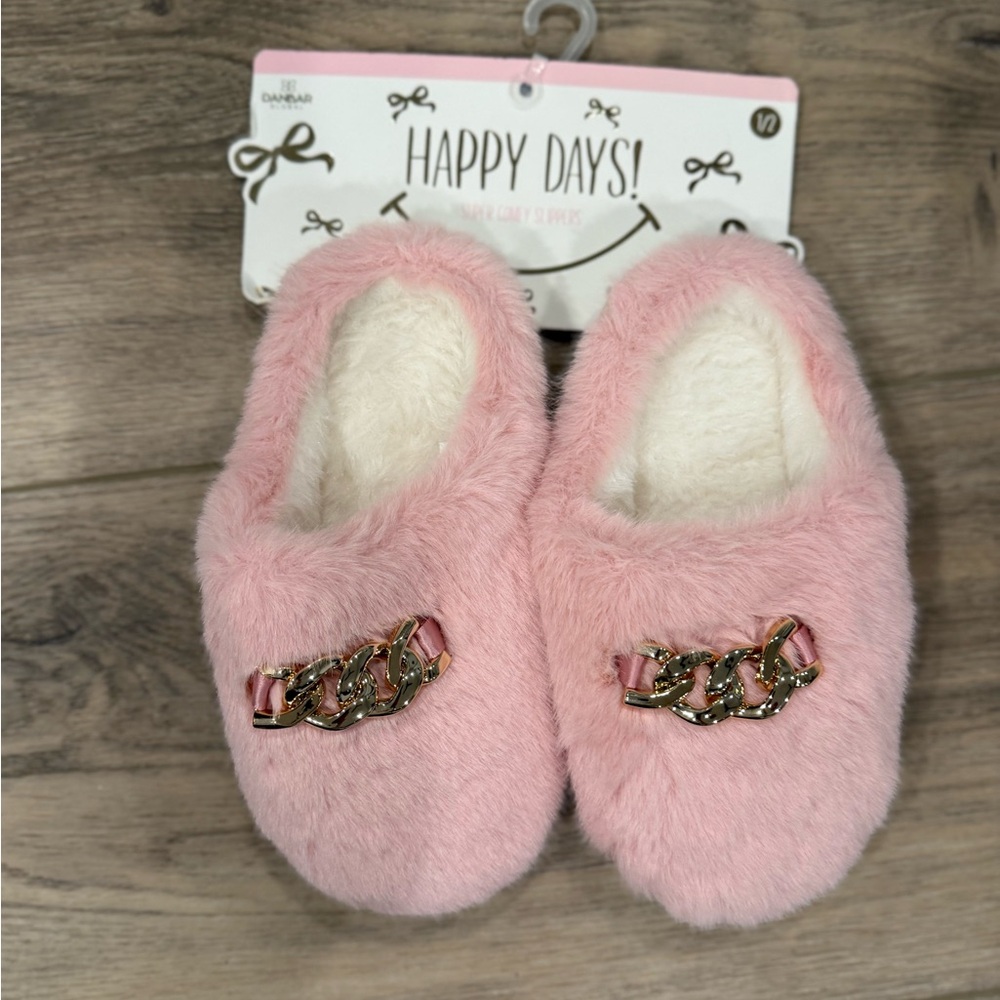 Pink Fuzzy Slippers with Gold Chain Accent